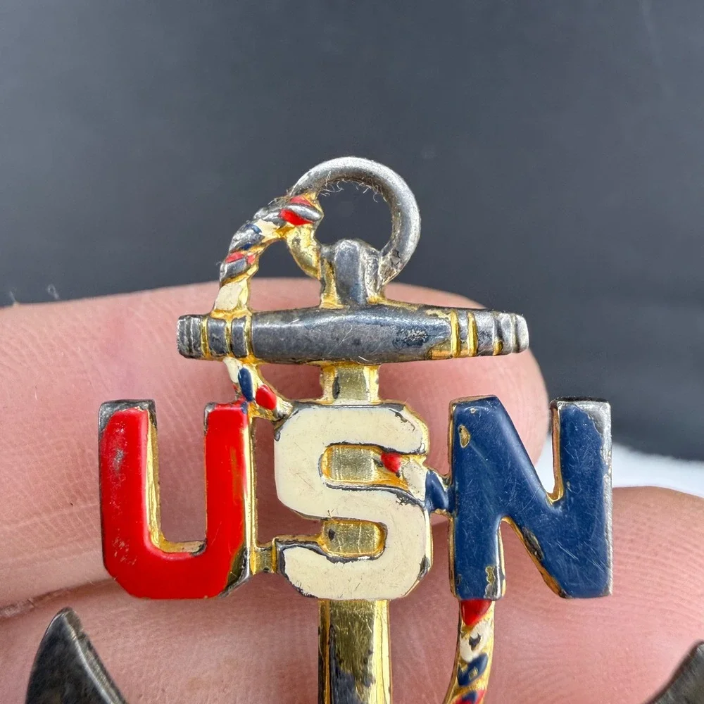 Vintage Sterling Silver USN Anchor Pin Brooch Red White Blue Enamel READ
